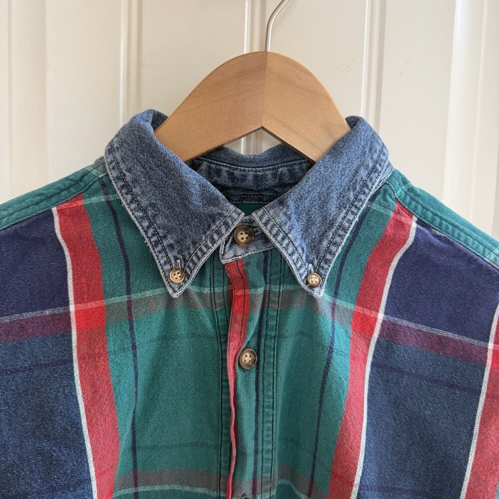 Vintage 90’s American Eagle Plaid Denim Collar Button Up Long Sleeve Men’s Sz S - Picture 3 of 10